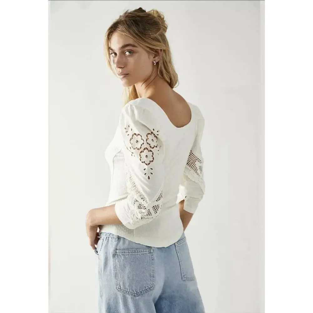 Free People Brunch Date Split Neck 3/4 Puffed Lace Sleeve Top Size Medium